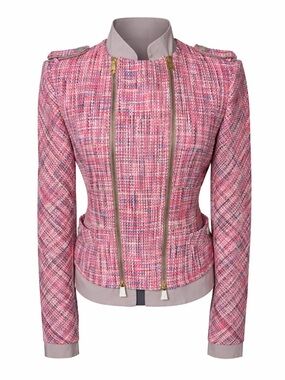 BCBGMAXAZRIA Boe Pink Tweed Moto‎ Jacket Multi Textured Zip Biker Epaulettes- S
